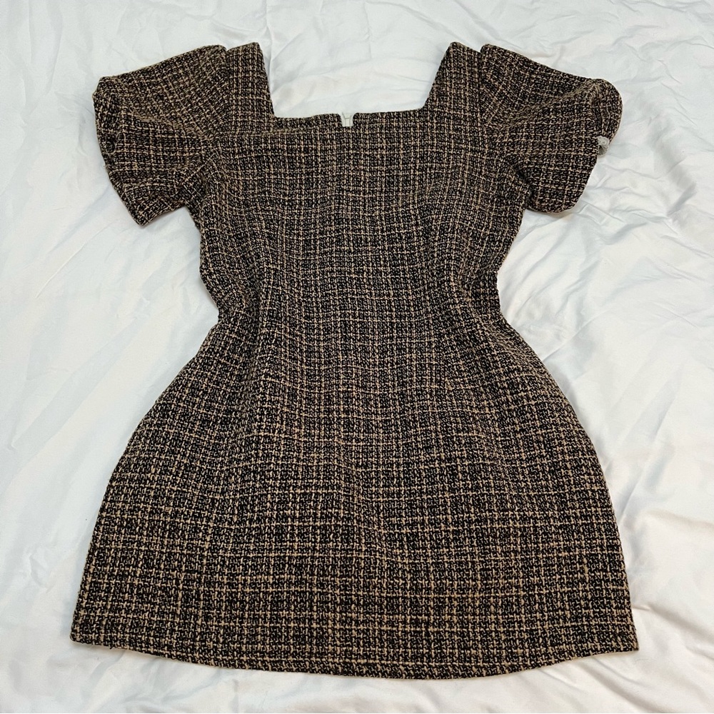 SHEIN Square Neck Puff Sleeve Tweed Dress - L